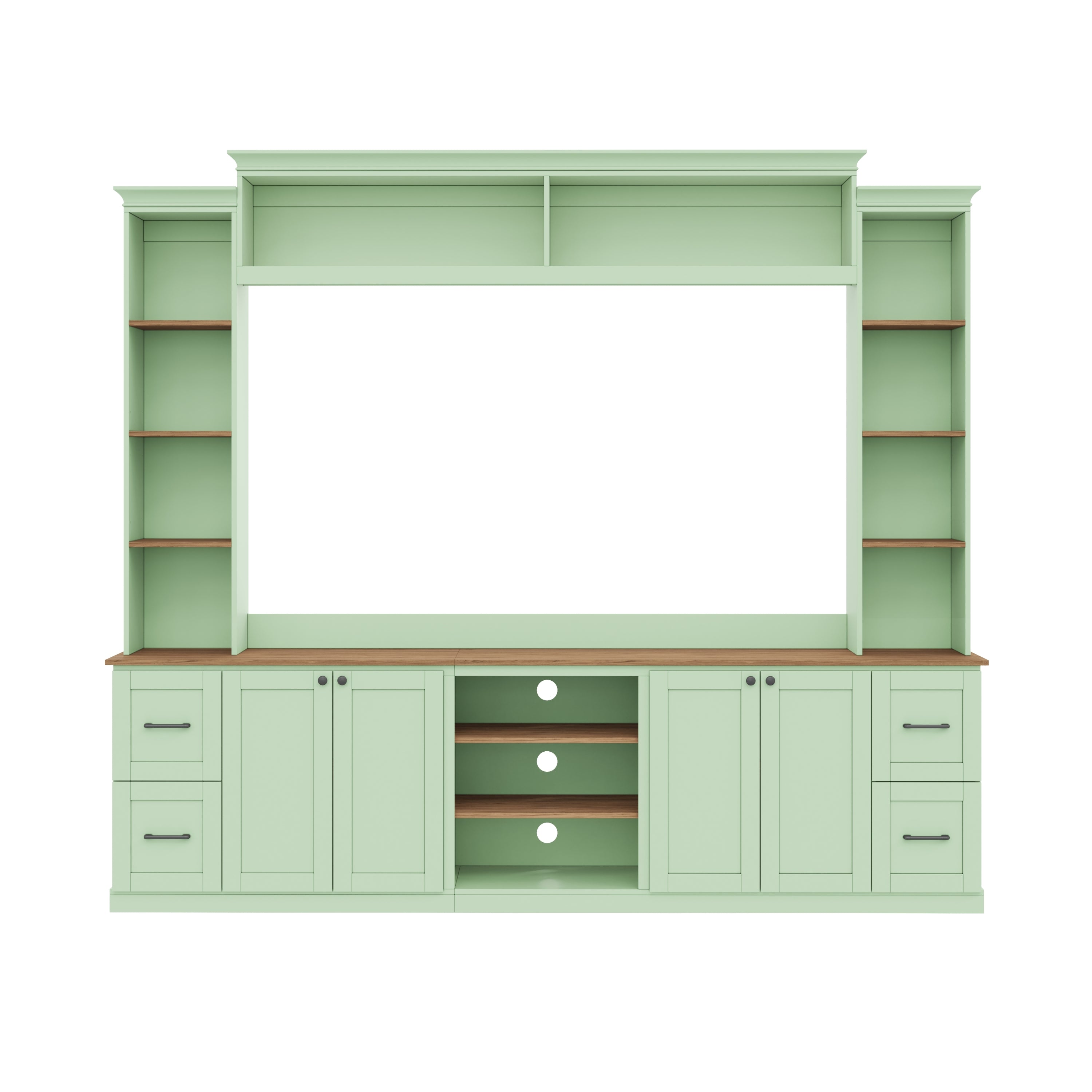 Walnut-accented mint green entertainment console by Anthony & Home with sleek design and storage compartments.