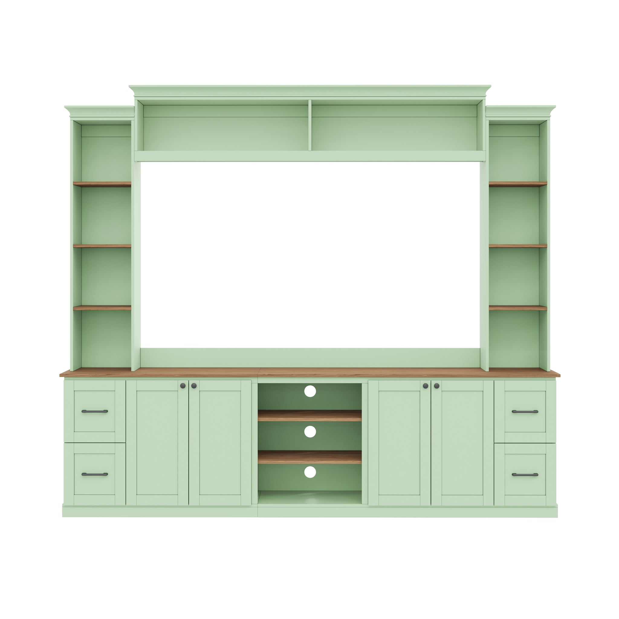 Walnut-accented mint green entertainment console by Anthony & Home with sleek design and storage compartments.