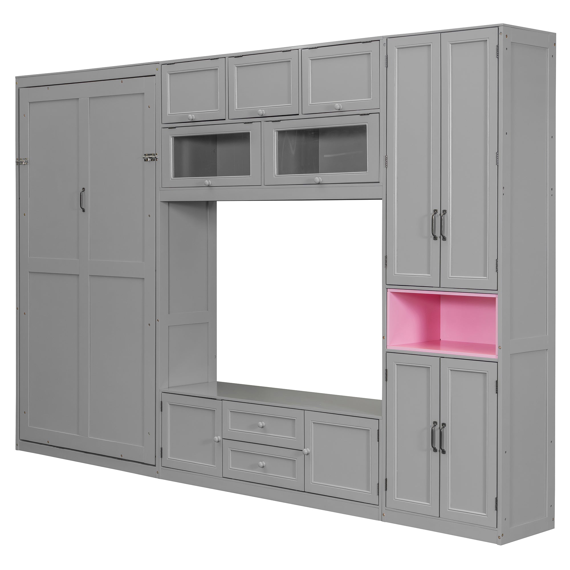Gray solid wood Atelier Murphy Bed TV stand with drawers by Anthony & Home, showcasing a modern, space-saving furniture piece.