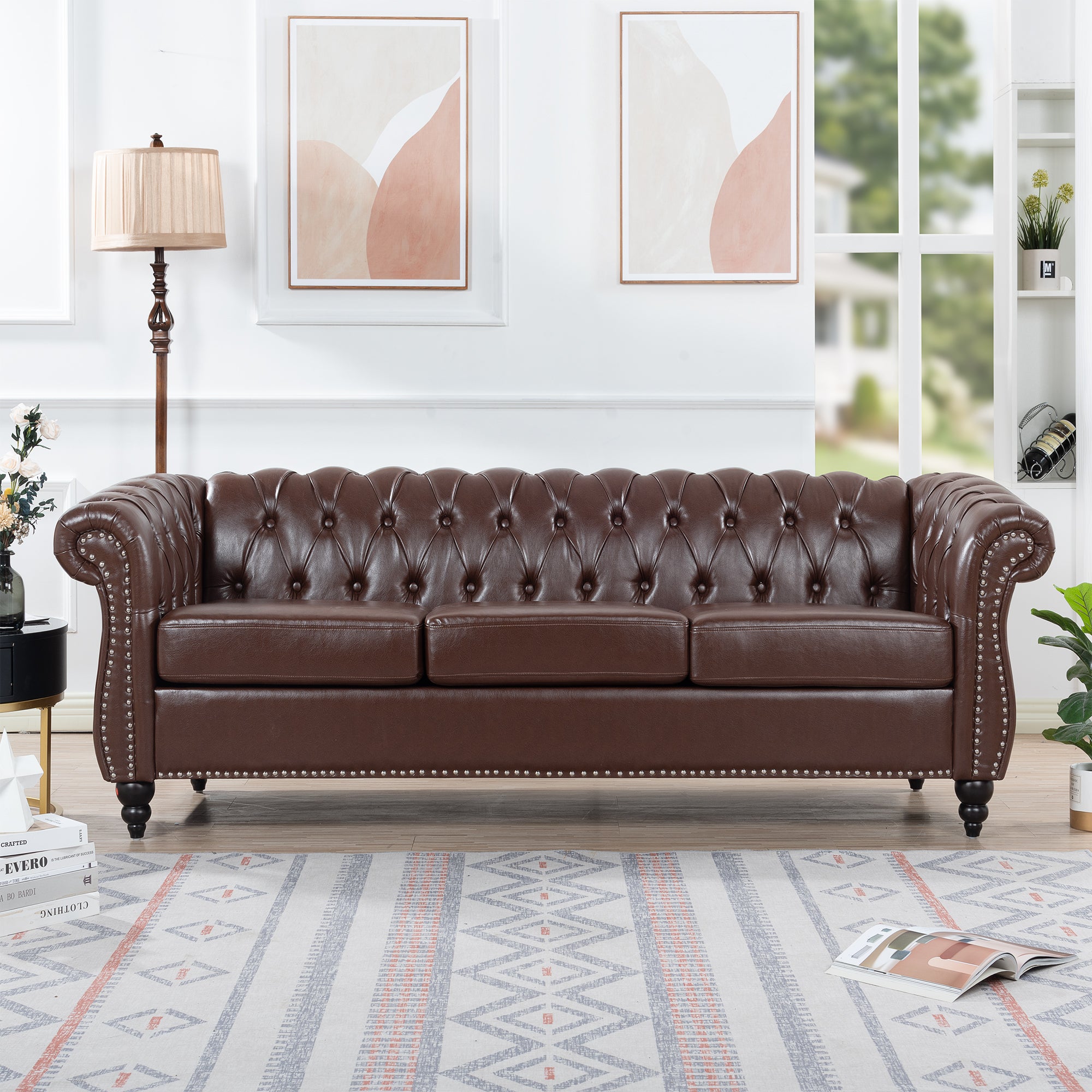 Anthony & Home Chesterfield sofa with birch wood legs, featuring plush upholstery and classic tufted design for elegant living room decor.