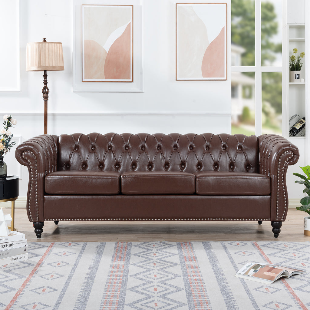 Anthony & Home Chesterfield sofa with birch wood legs, featuring plush upholstery and classic tufted design for elegant living room decor.