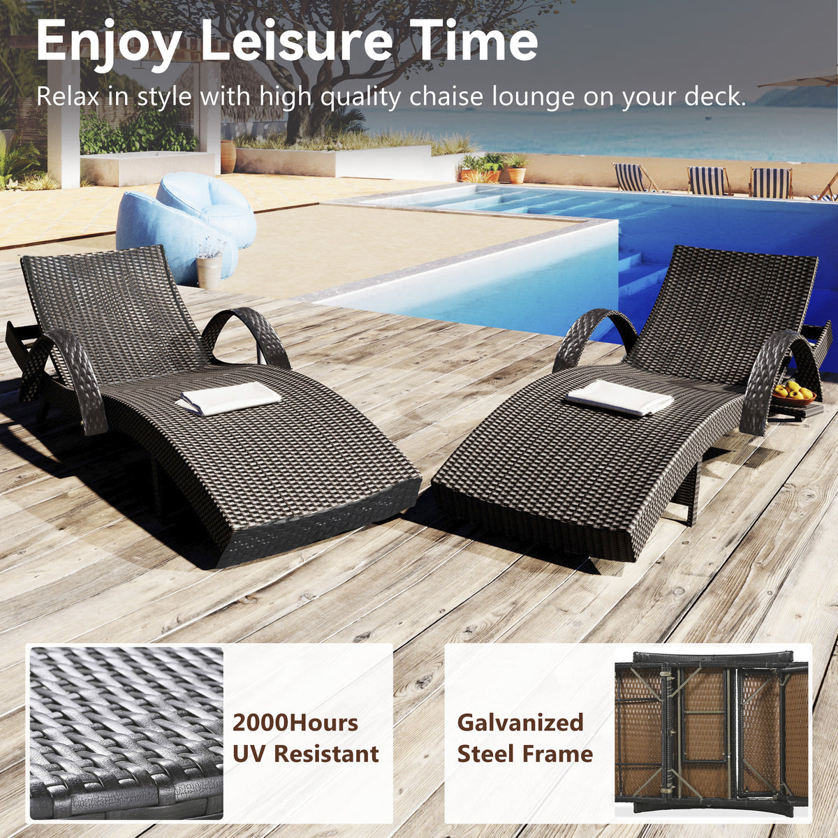 Anthony & Home K&K Signature outdoor wicker chaise lounges set with pull-out side table and 5-level adjustable backrest in dark brown.