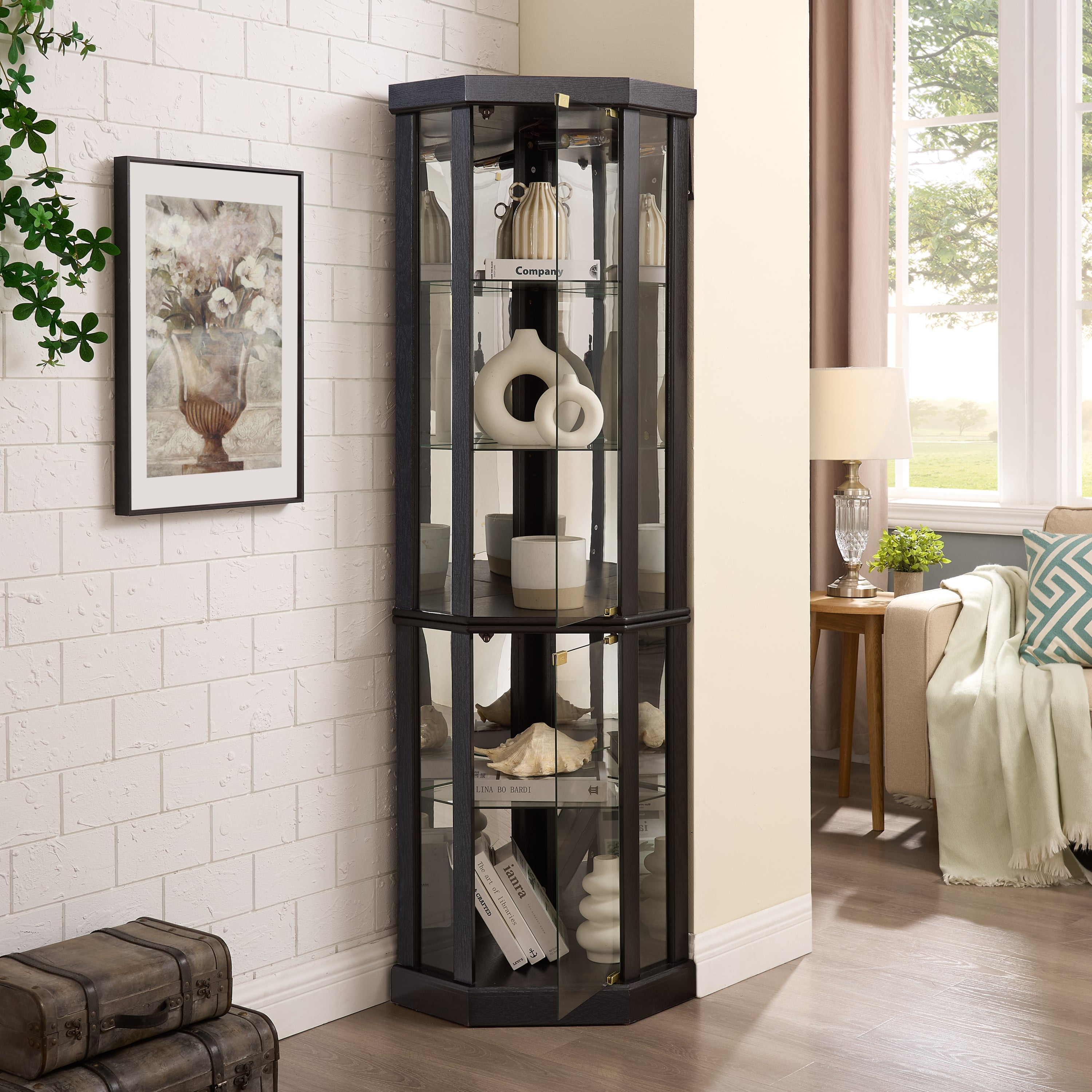 Anthony & Home Heritage lighted corner curio cabinet with glass display for antiques and wine collections
