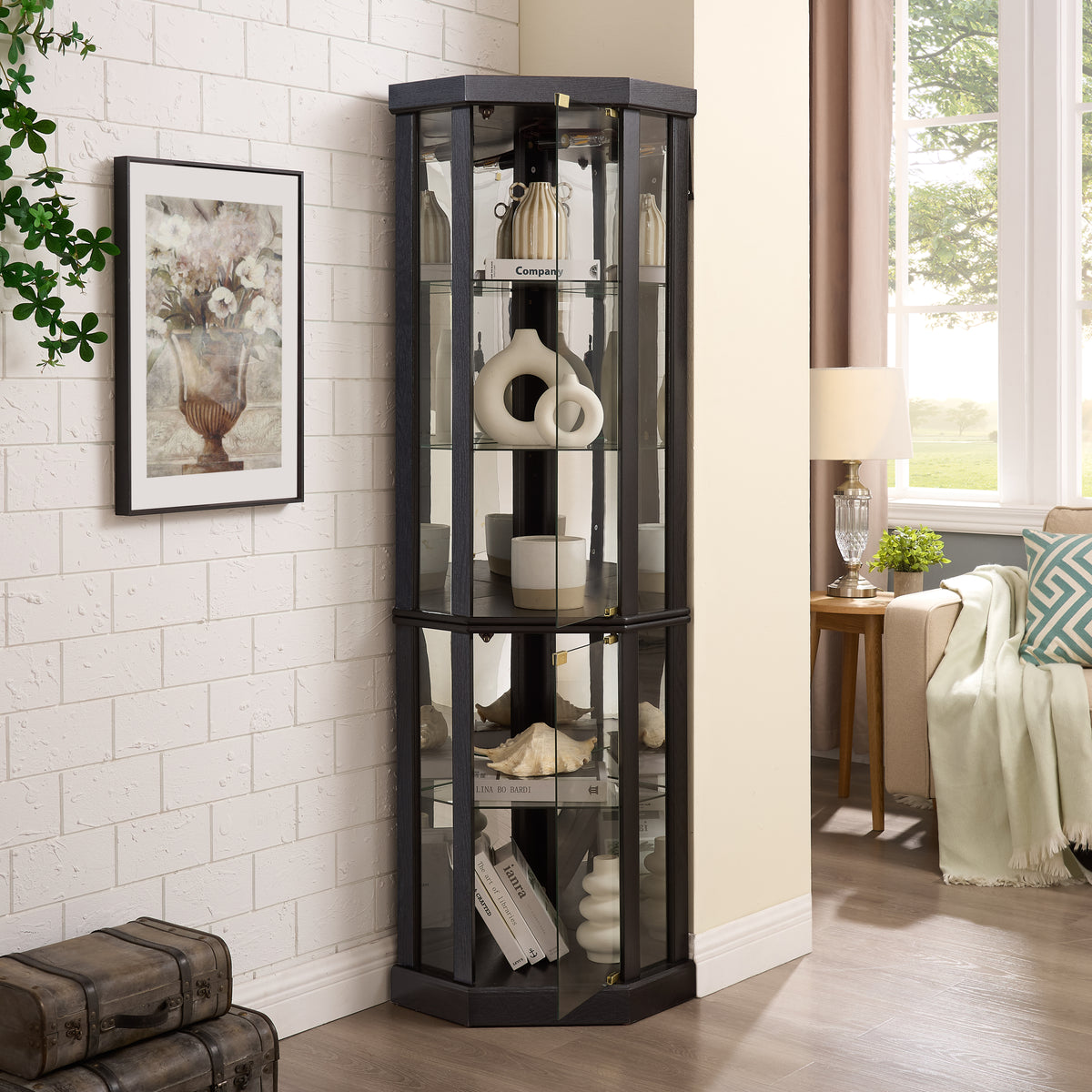 Anthony & Home Heritage lighted corner curio cabinet with glass display for antiques and wine collections