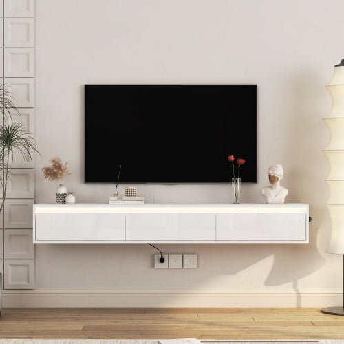 Floating Wall Mounted TV Stand With LED Lighting And Outlet
