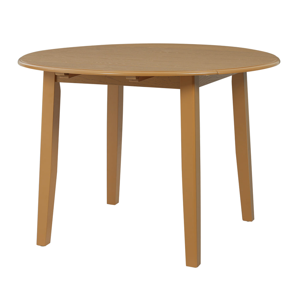 Extendable round dining table made of solid wood by Anthony & Home, showing a polished surface and expandable design.