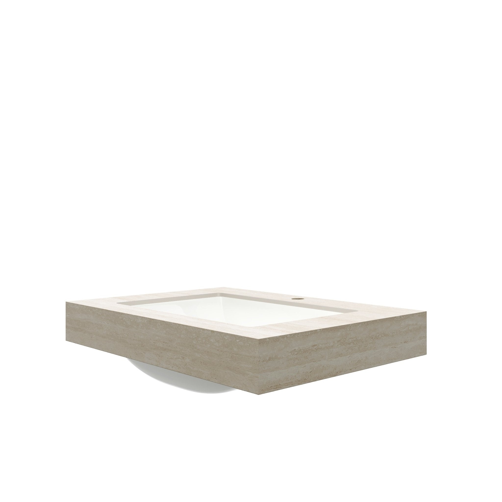 Anthony & Home travertine-pattern sintered stone countertop with 30-inch ceramic undermount basin, showcasing textured surface and elegant design.