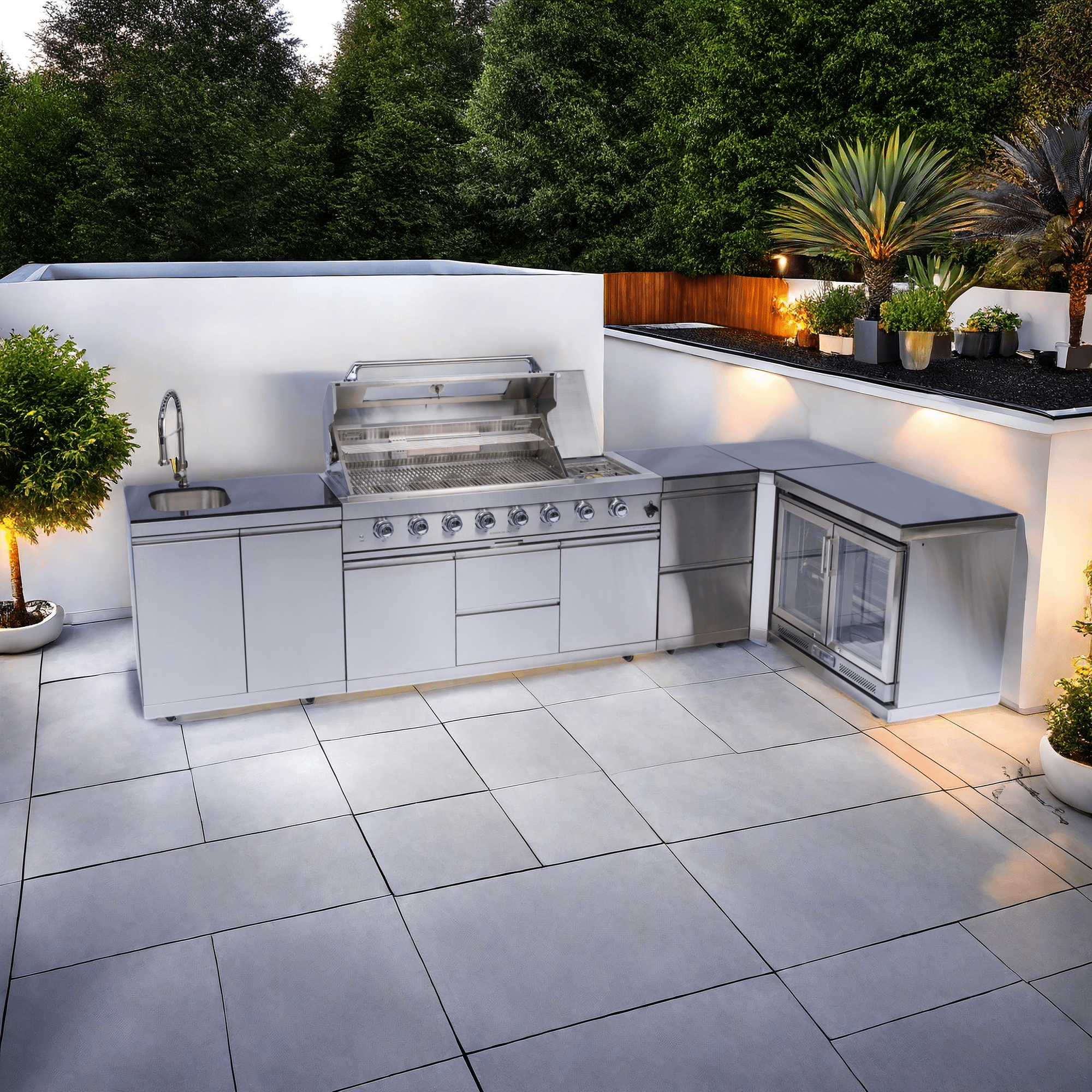 Anthony & Home 62-inch stainless steel outdoor kitchen with 6-burner grill, wine cooler, rotisserie, granite countertops, and storage.
