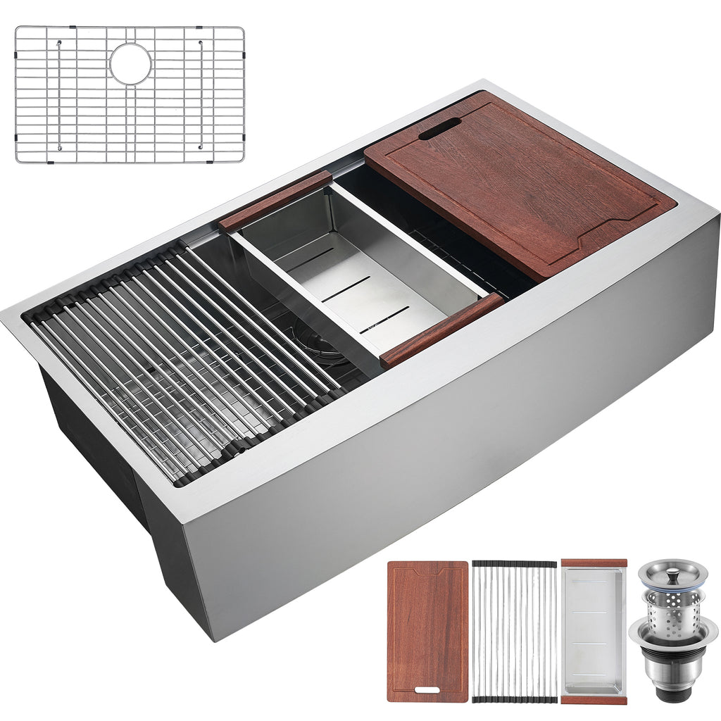 Anthony & Home Studio 304 stainless steel farmhouse kitchen sink with single bowl and brushed finish, featuring durable, modern design.