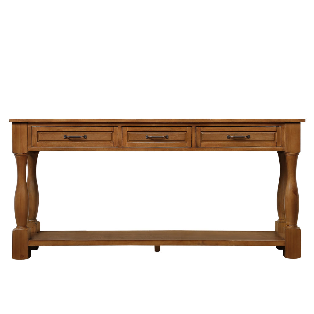Anthony & Home Signature Brown 63-inch console table with three drawers, showcasing a sleek wooden design and functional storage.