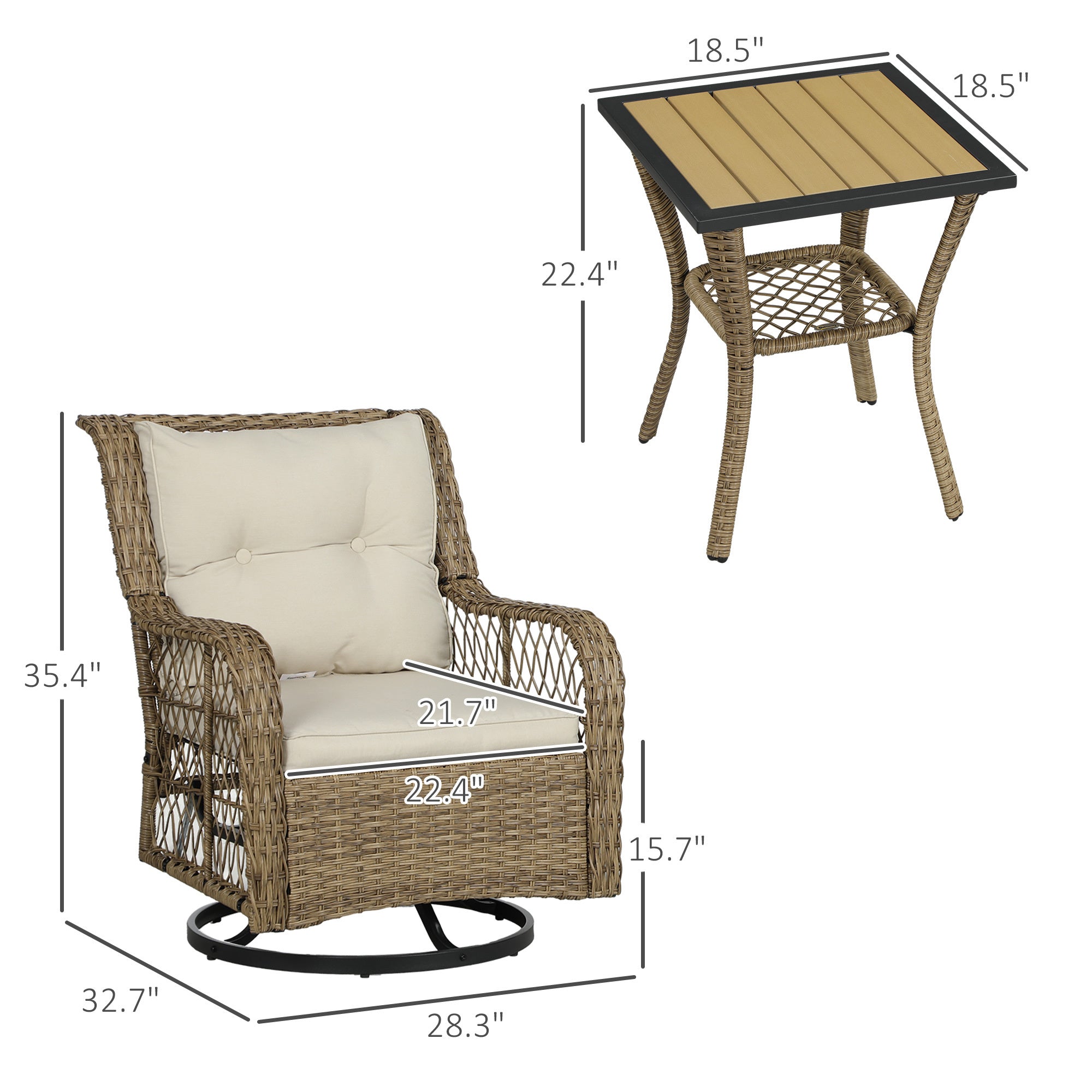 3 Piece Outdoor Wicker Bistro Set With Swivel Glider Chairs
