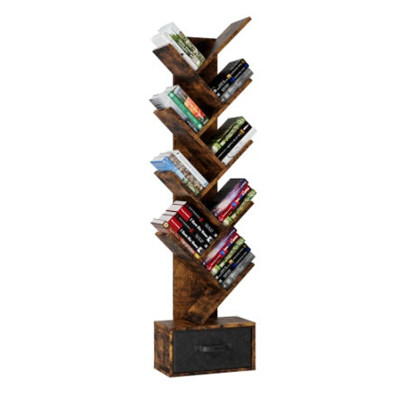 9 Tier Tree Bookshelf With Drawer Bookcase Rustic Brown