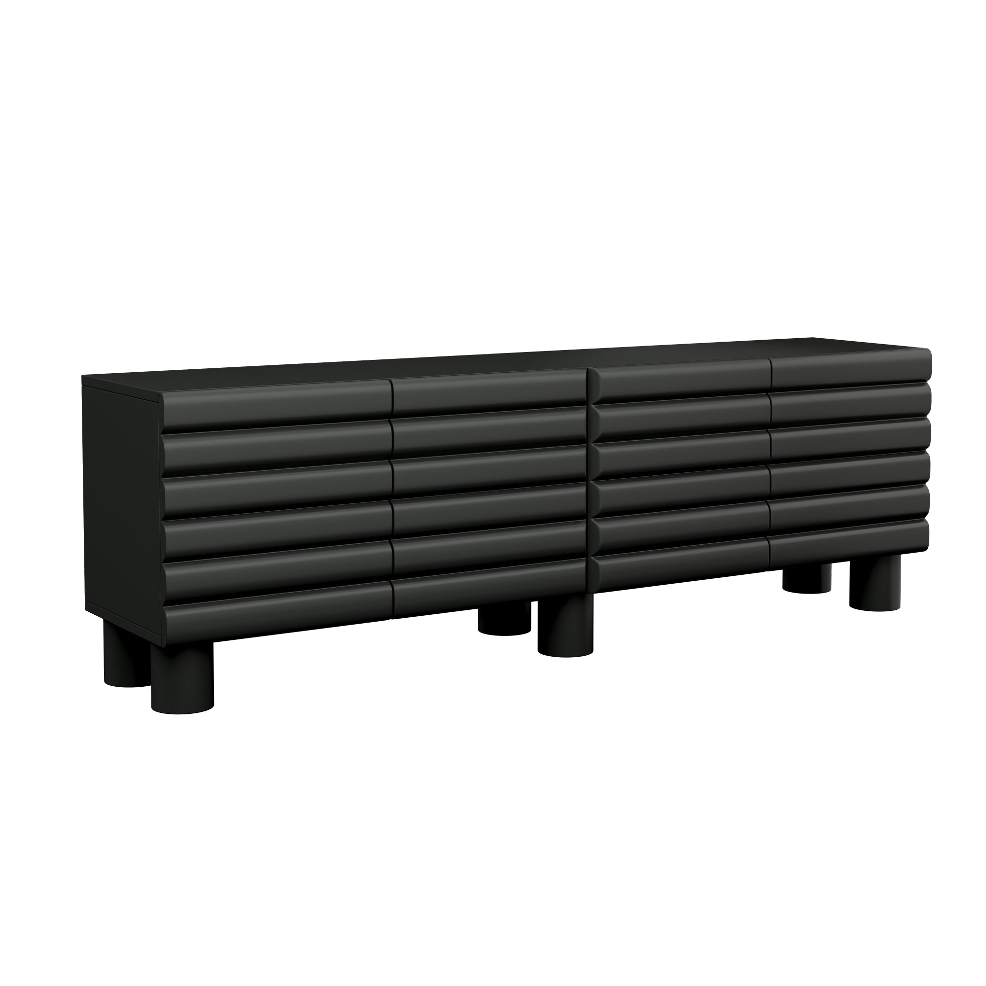 Anthony & Home matte black MDF media console with cylindrical legs for TVs up to 75 inches, modern and stylish home entertainment furniture.