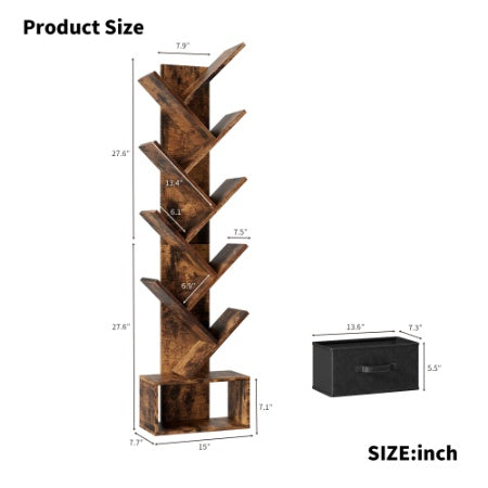 9 Tier Tree Bookshelf With Drawer Bookcase Rustic Brown