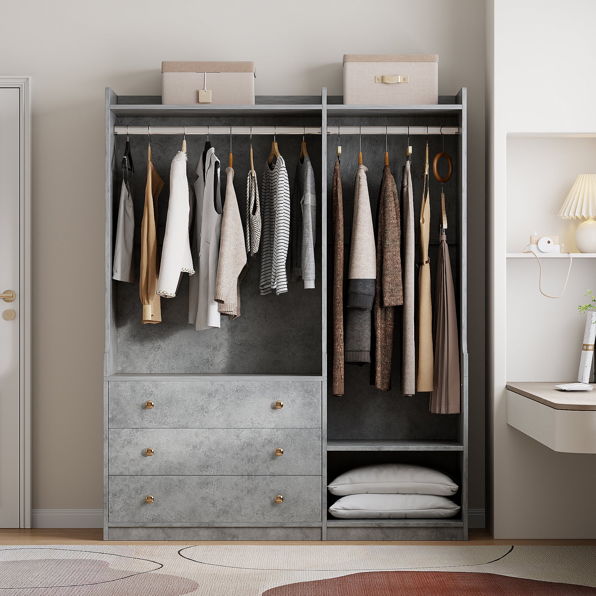 Open wooden wardrobe by Anthony & Home from the Premier Collection with grey finish and dual hanging rods.