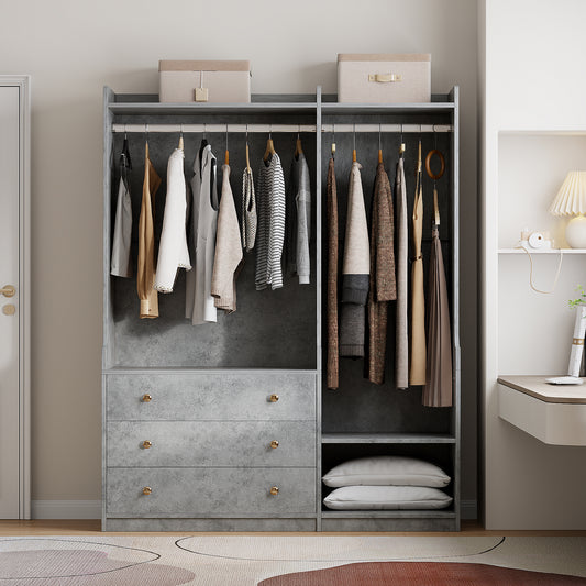 Open Wooden Wardrobe Storage Gray With Dual Hanging Rods Premier Contemporary Collection For Bedroom