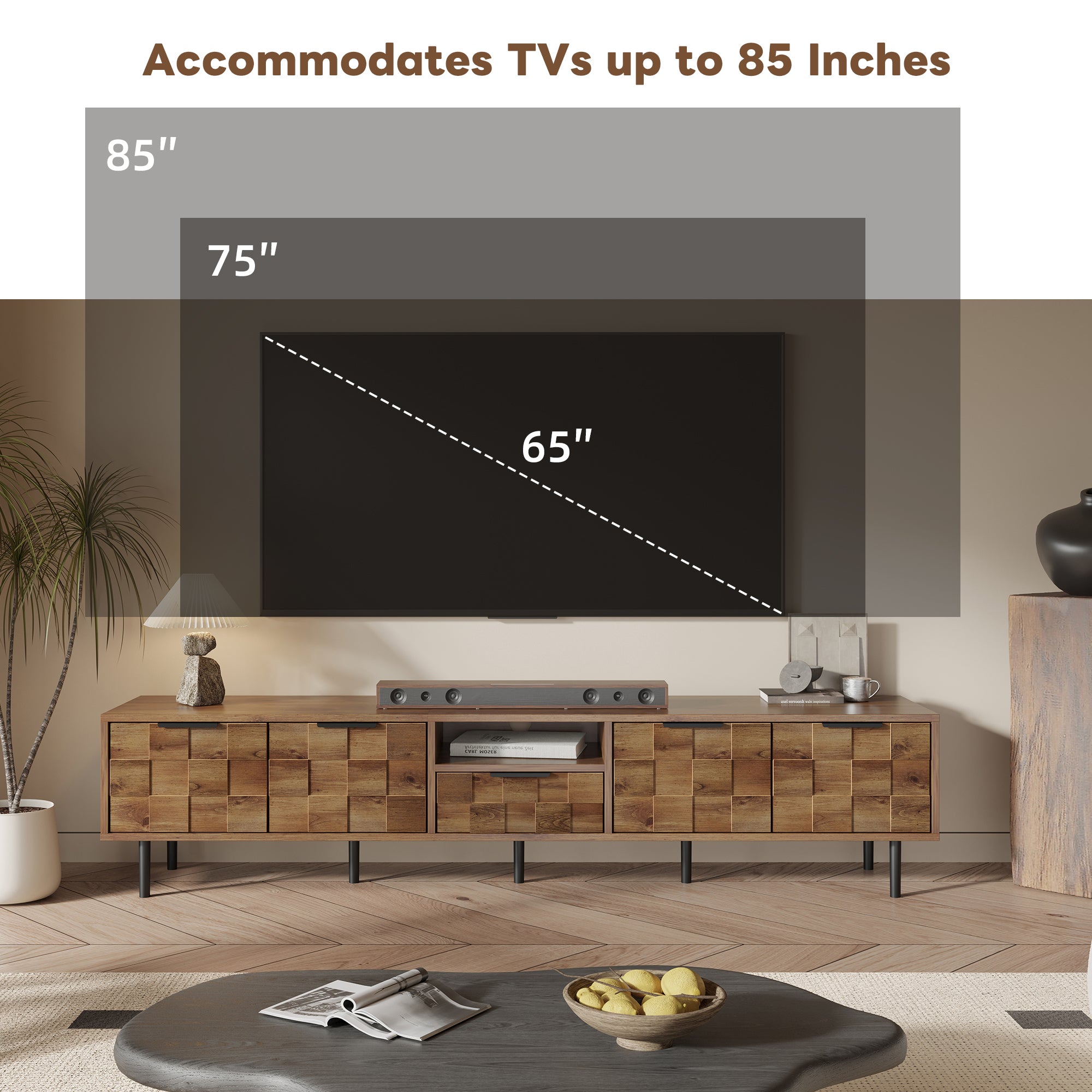Anthony & Home Atelier natural wood 78-inch TV stand with storage, featuring a sleek, modern design and ample space for media devices.