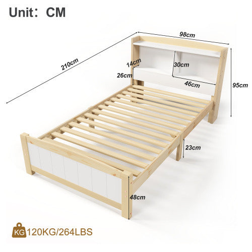 Solid Wooden Bed Frames, Single Storage Headboard Bed, 3FT Single 90 X 190 Cm Frame Only