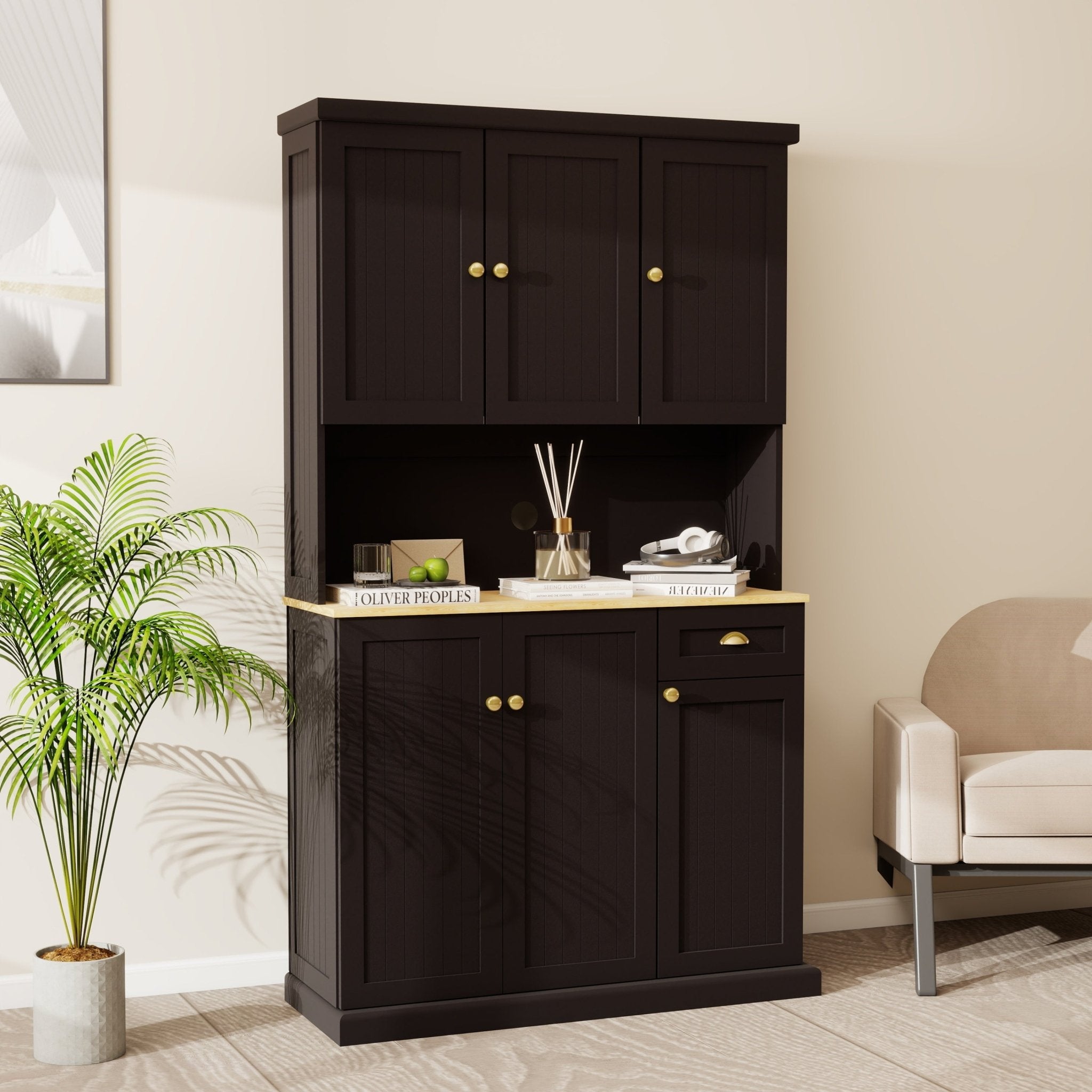 Anthony & Home black matte pantry storage cabinet with microwave countertop, 6 doors, and 1 drawer, showcasing a modern kitchen storage solution.