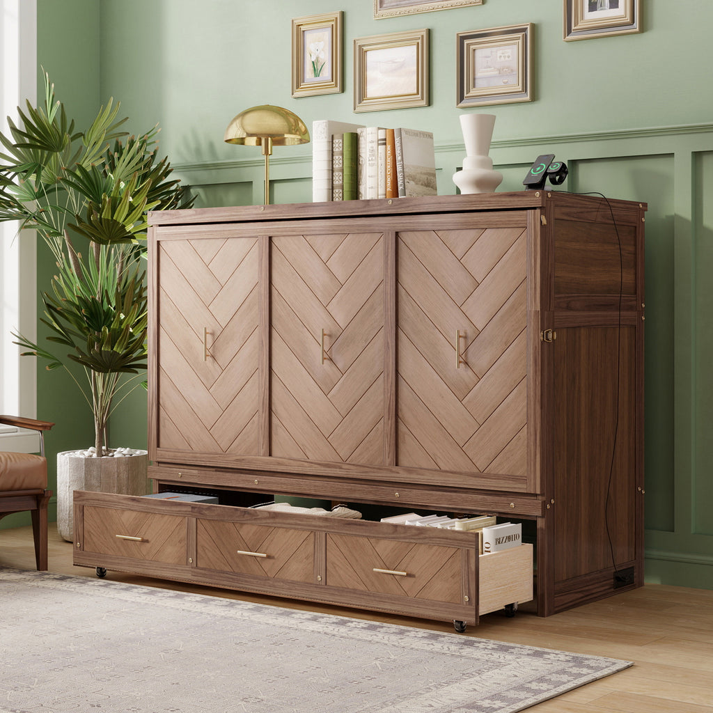 Anthony & Home Murphy Bed Studio in light walnut finish, shown folded upstairs with modern design and wood grain detail.
