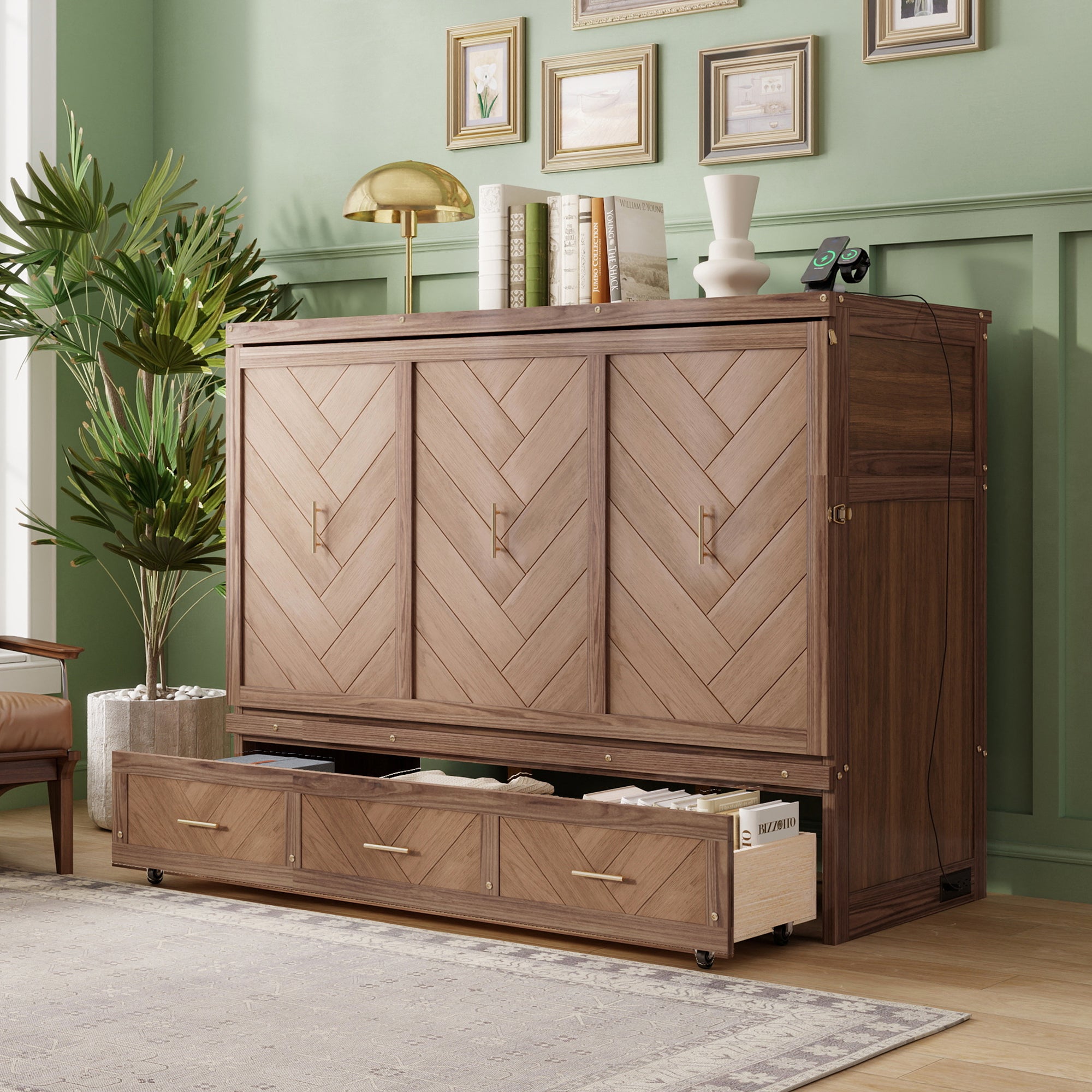 Anthony & Home Murphy Bed Studio in light walnut finish, shown folded upstairs with modern design and wood grain detail.