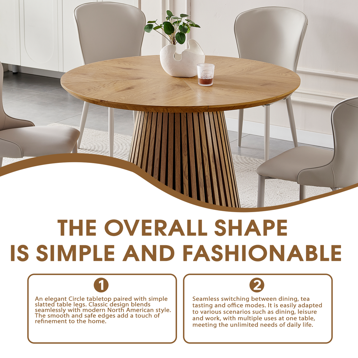 Round solid wood dining table from Anthony & Home's Atelier Collection, showcasing a polished wood surface and sturdy legs.