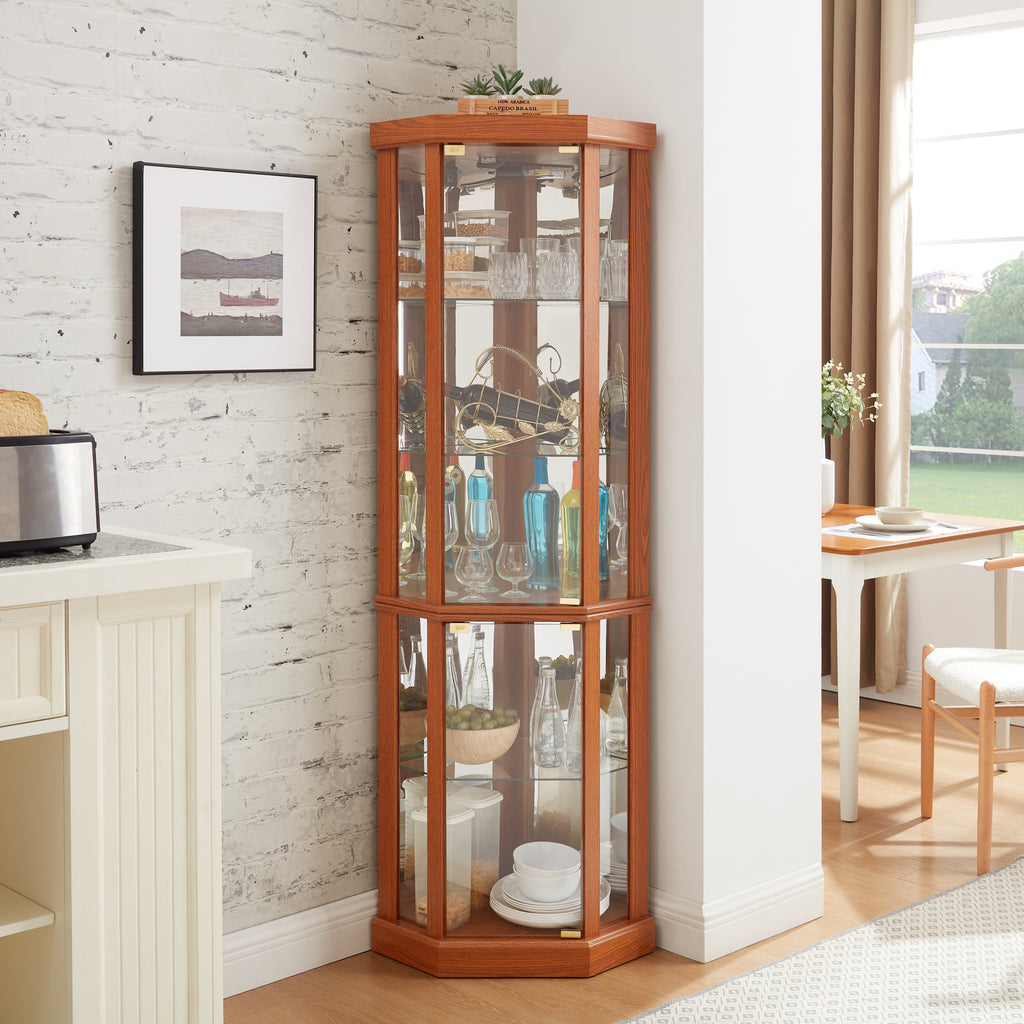 Dark oak corner lighted curio cabinet by Anthony & Home featuring glass doors and interior shelving for display.