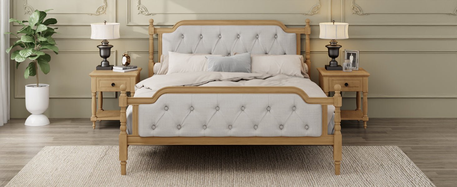 Queen solid wood bed frame with upholstered tufted headboard in antique walnut finish, from Anthony & Home collection