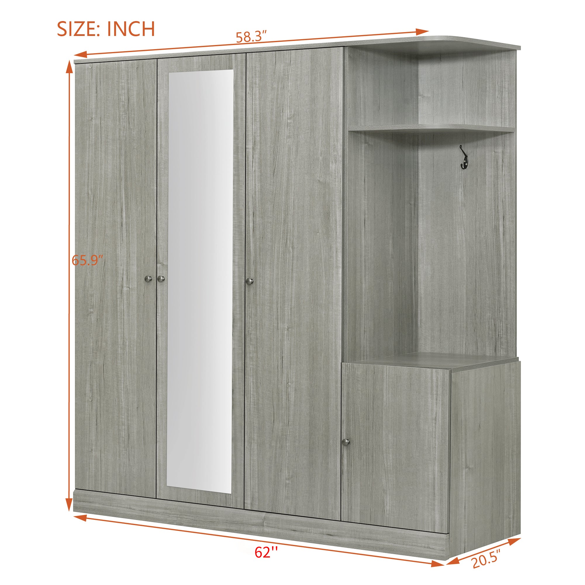 Anthony & Home Studio Gray four-door wardrobe with full-length mirror, showing sleek design and spacious storage doors.