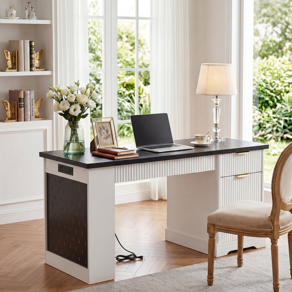 White Atelier Fluted Office Desk with storage cabinet, pegboard, and keyboard tray, 55-inch by Anthony & Home