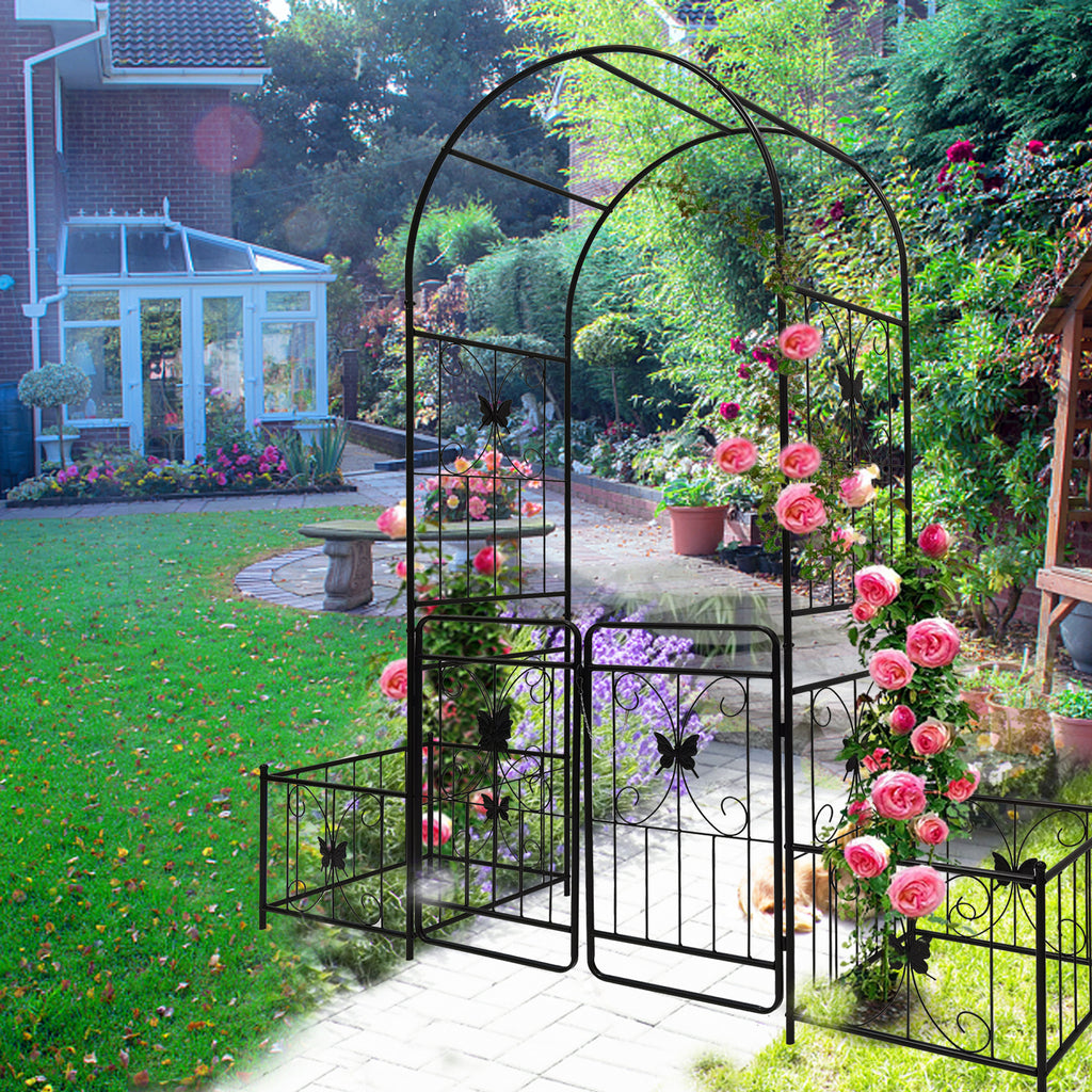 Black powder-coated metal garden arch with gate, 80 inches wide and 86 inches high, rose arbor by Anthony & Home