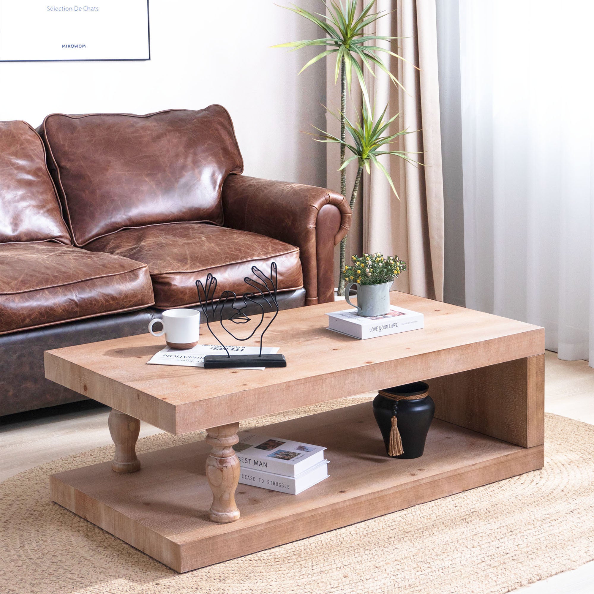 Solid wood coffee table from Anthony & Home with light natural finish and open shelf, modern farmhouse style.