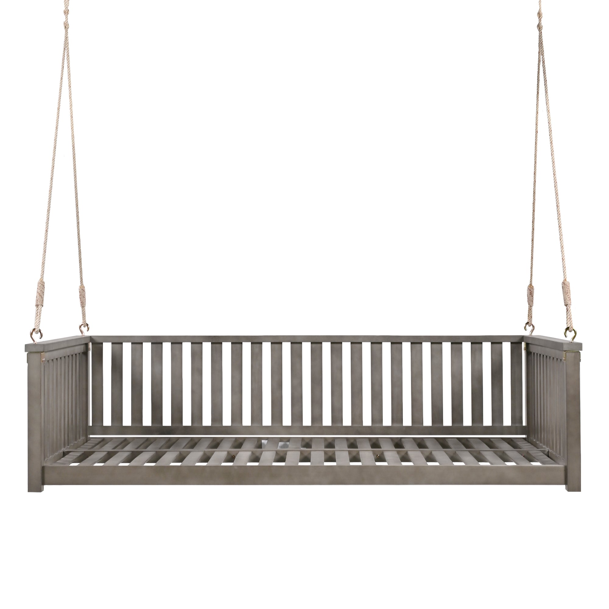 Twin size solid wood garden swing bed with rope support by Anthony & Home, showcasing the sturdy wooden frame and hanging ropes.