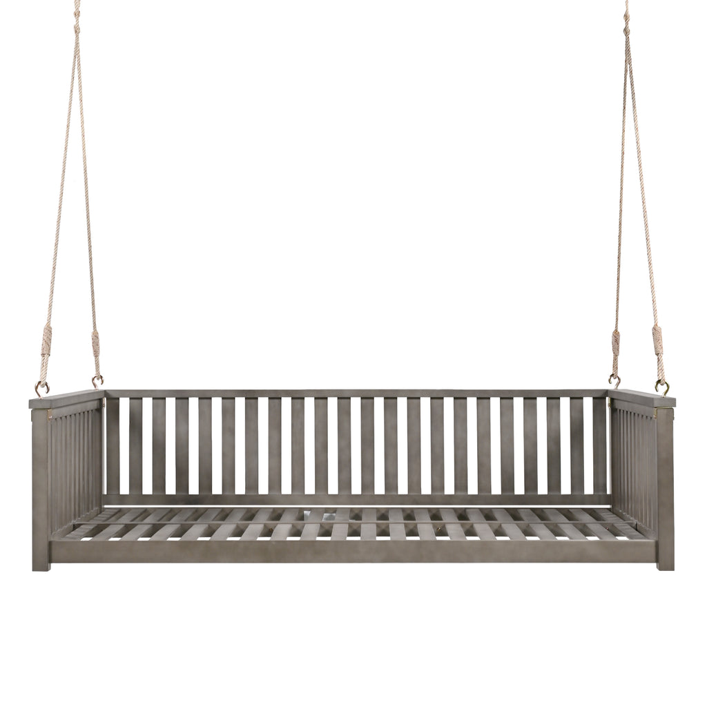Twin size solid wood garden swing bed with rope support by Anthony & Home, showcasing the sturdy wooden frame and hanging ropes.