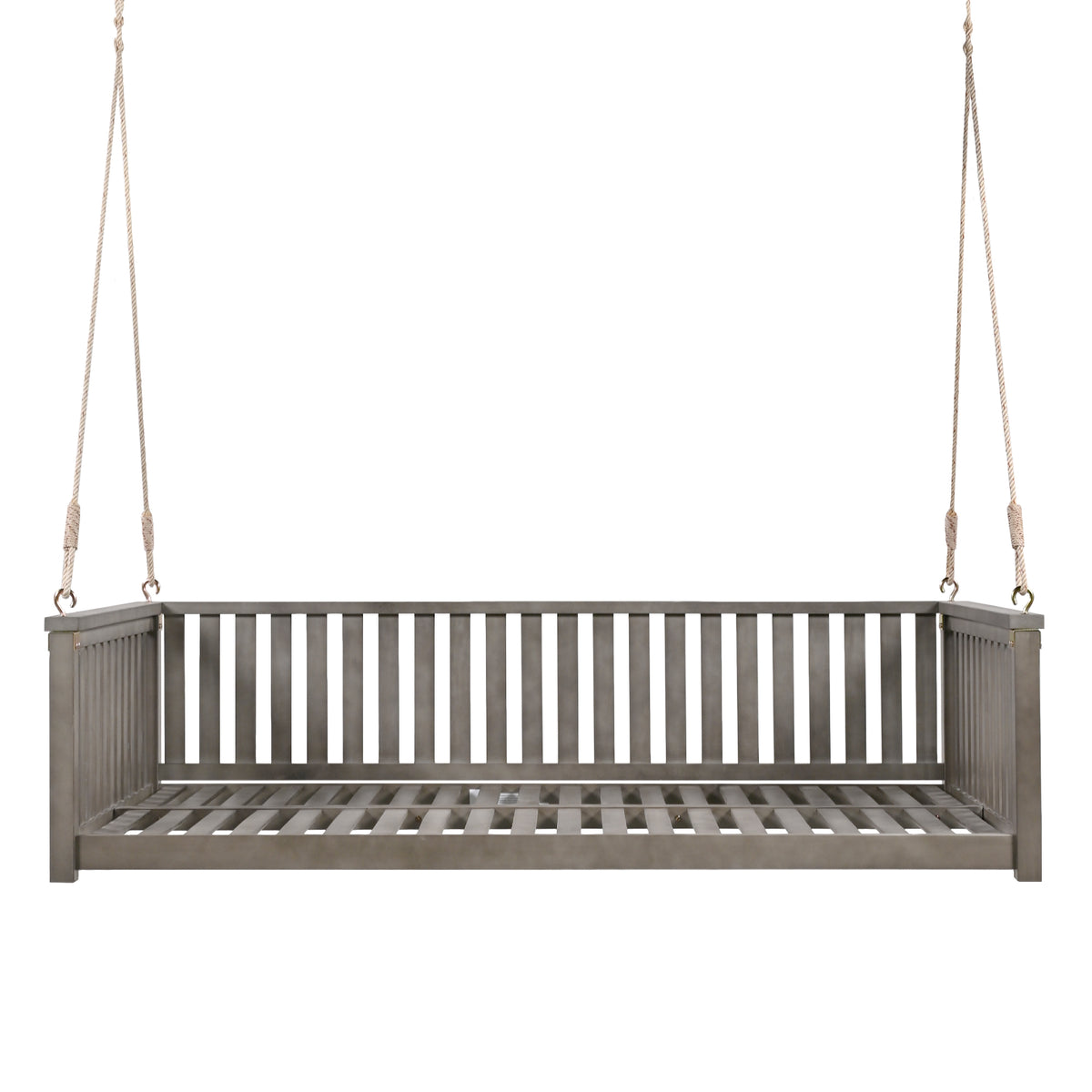Twin size solid wood garden swing bed with rope support by Anthony & Home, showcasing the sturdy wooden frame and hanging ropes.