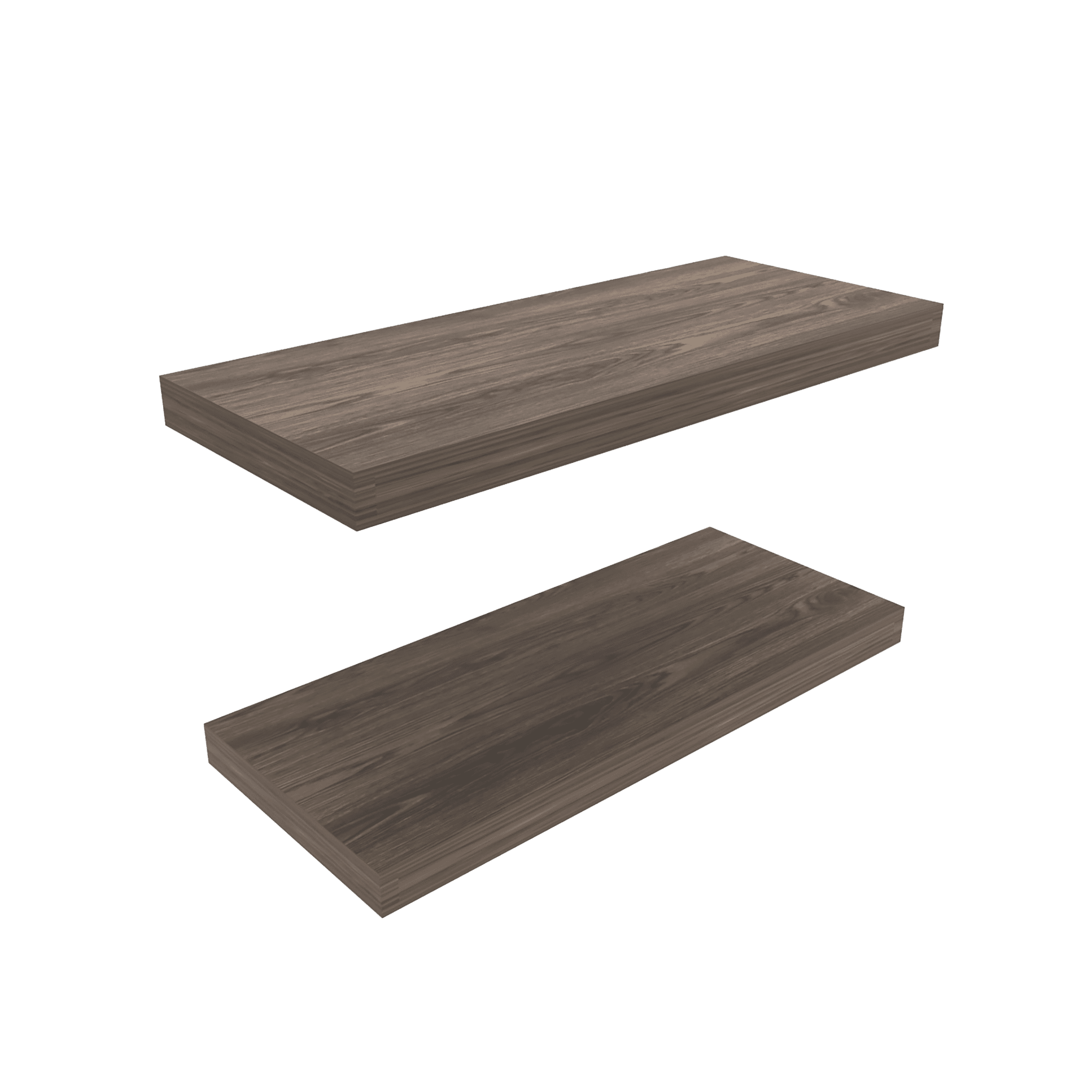 Walnut two-tier floating shelves by Anthony & Home, showcasing sleek, modern wall-mounted storage for home organization.