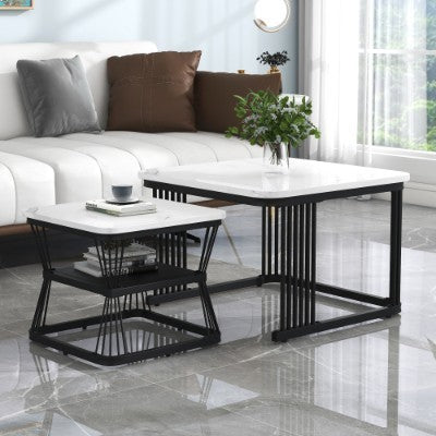 Set Of 2 Tables Square Coffee Table Coffee Table Set Nesting Sofa Table Multi-functional End Side Table Nesting Tables With Black Metal Frame Legs And Marble Pattern White Top For Living Room Home