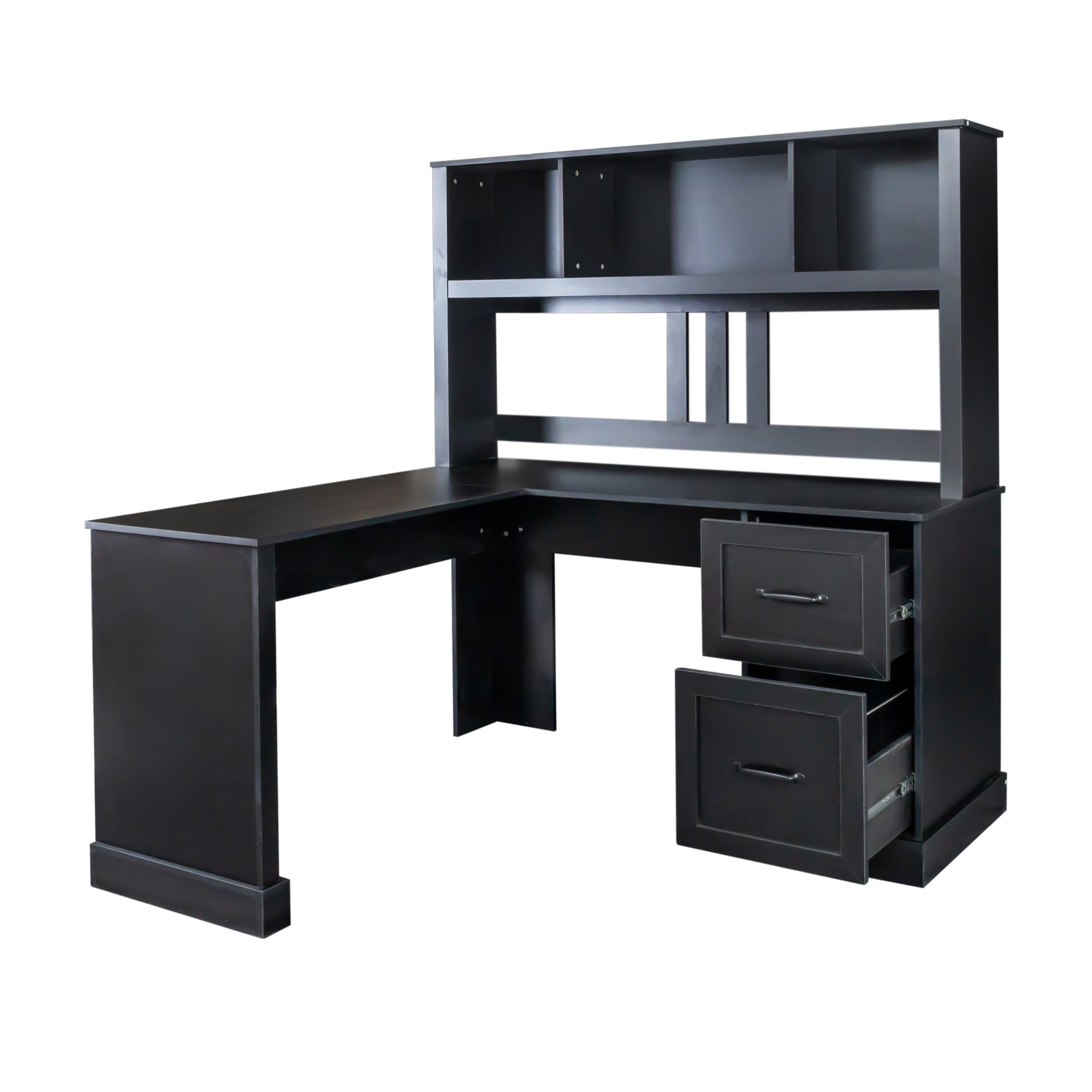 Antiqued black home office computer desk with hutch from Anthony & Home Studio Collection, featuring a spacious workspace and storage.