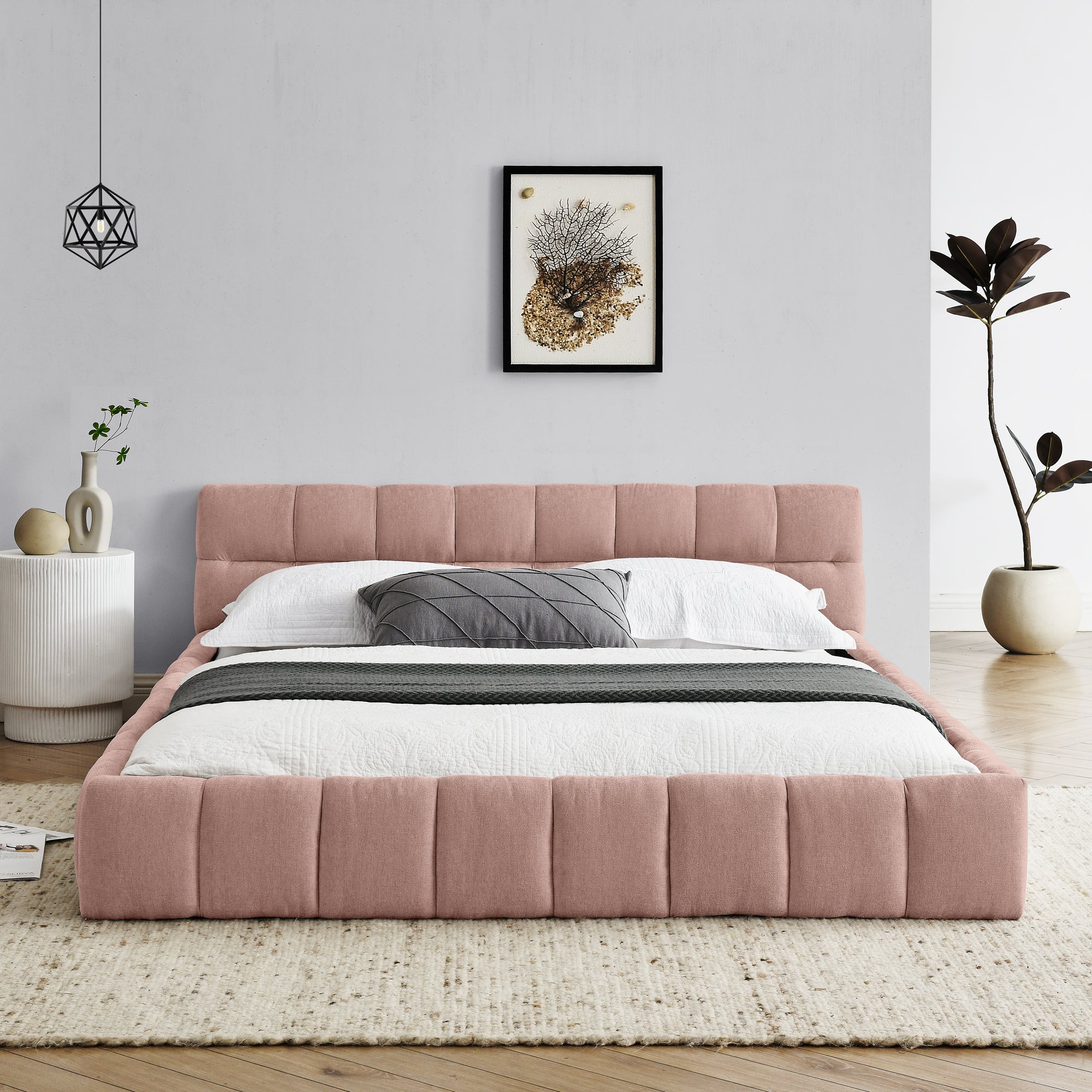 Pink upholstered queen bed frame from Anthony & Home's Limited Chenille Collection, no box spring needed, showing a plush fabric finish.