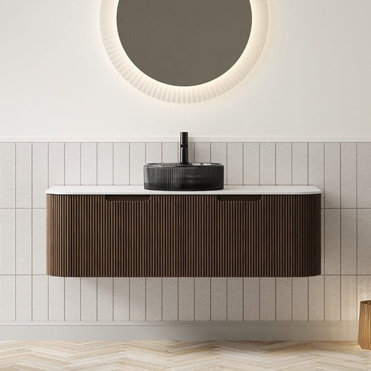 DINA 48' Bathroom Vanity with Sink, Wall - Mounted Curved Edges Striped Storage Cabinet with 2 Drawers, Transparent Black Round Glass Basin and Countertop, Pre - assembled, Dark Walnut Woodgrain Color - Anthony & Home