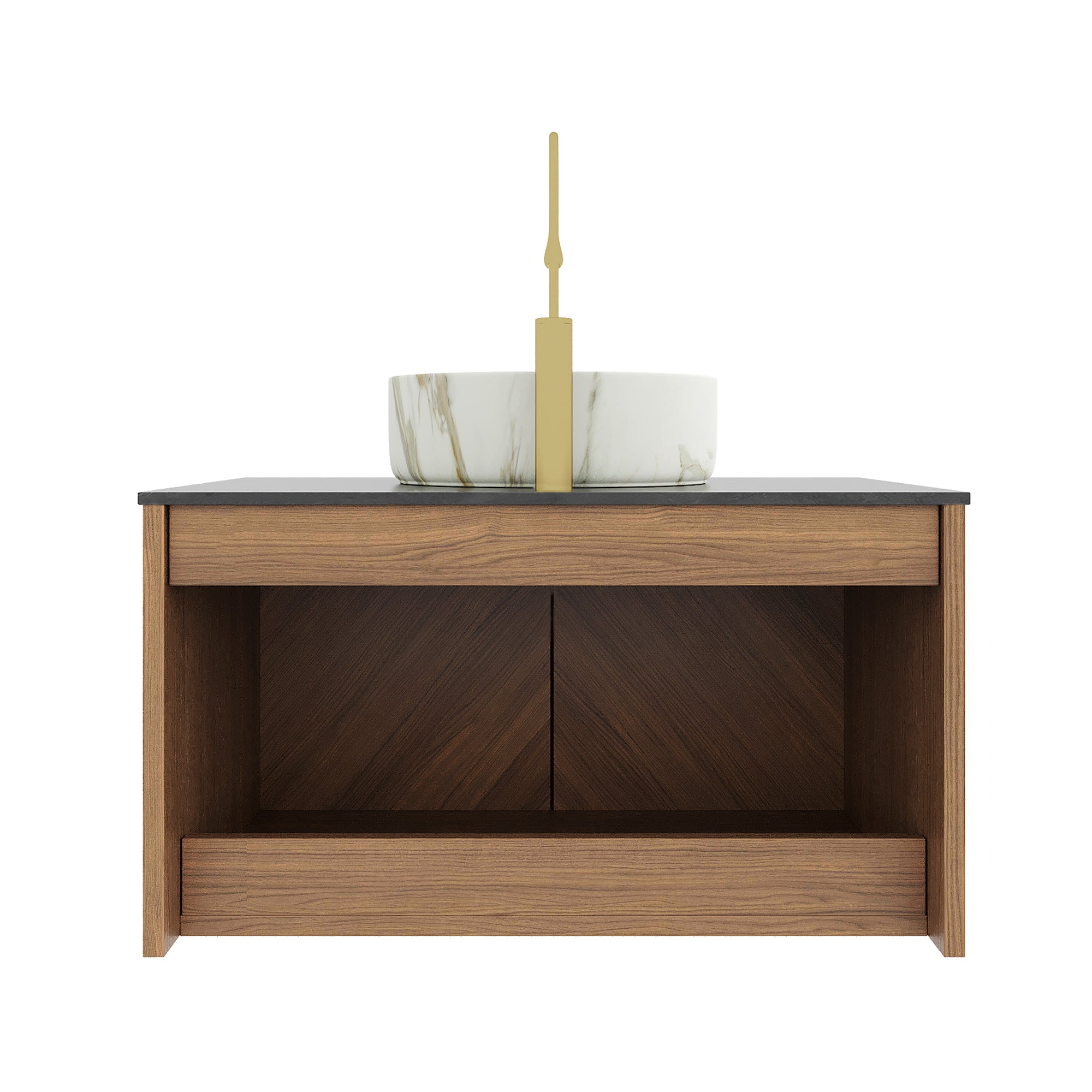 Anthony & Home Atelier floating vanity with black sintered stone countertop and white ceramic basin, modern bathroom furniture