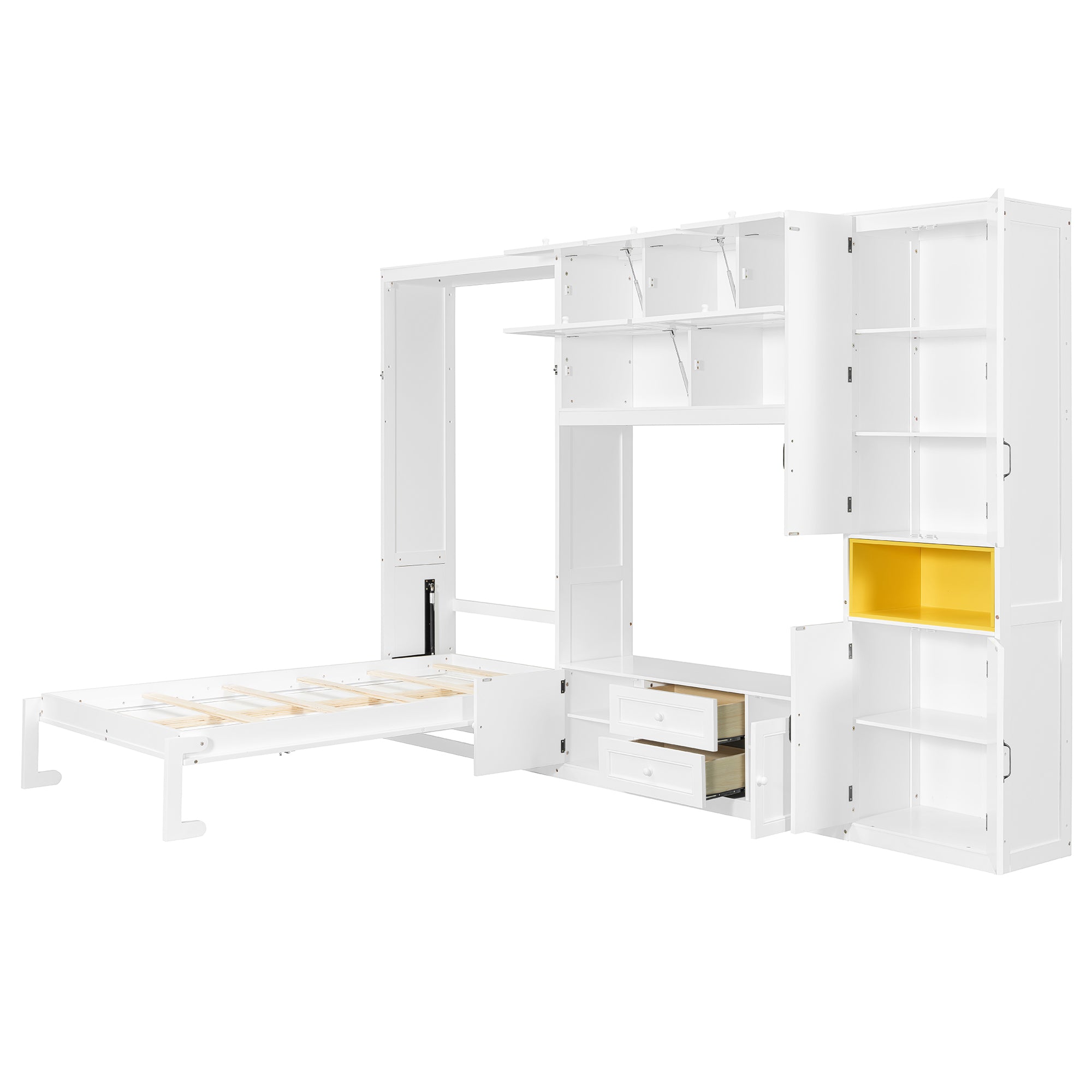 Twin size white solid wood Murphy bed with TV stand, two drawers, and cabinets by Anthony & Home, limited edition