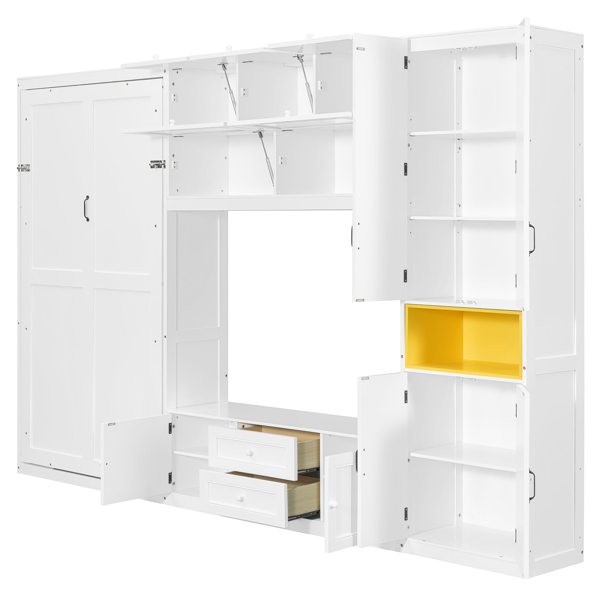White twin-size solid wood Murphy bed with integrated TV stand, two drawers, and cabinets by Anthony & Home.