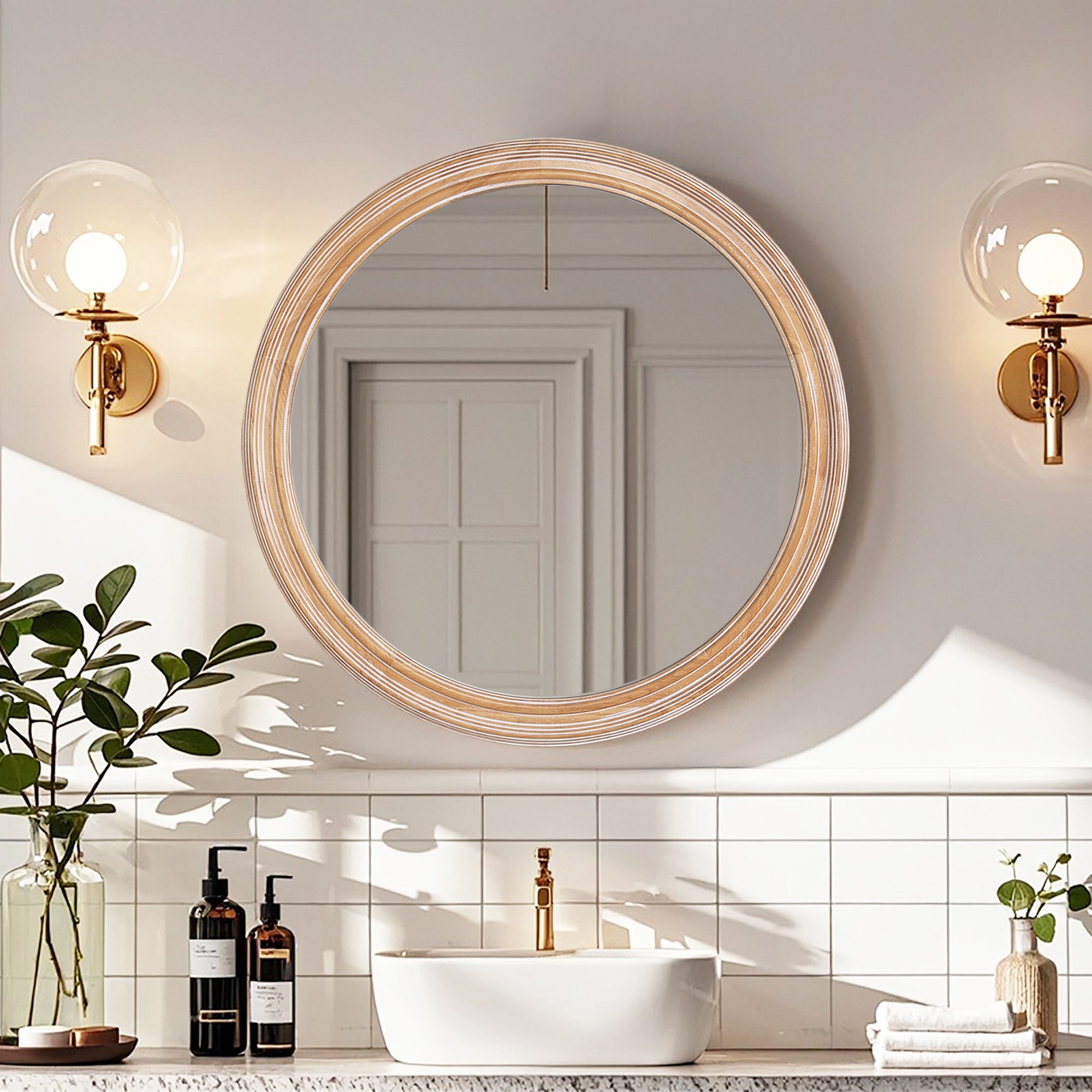 Antique whitewash wood and metal round wall mirror, 27.56 inches in diameter, from Anthony & Home Heritage Collection.