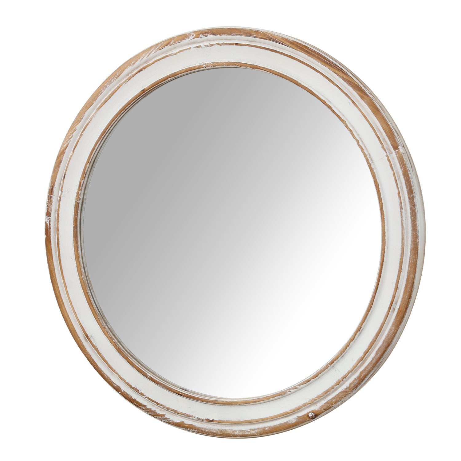 Heritage round wall mirror with distressed wood frame by Anthony & Home, showcasing a rustic, vintage-inspired design.