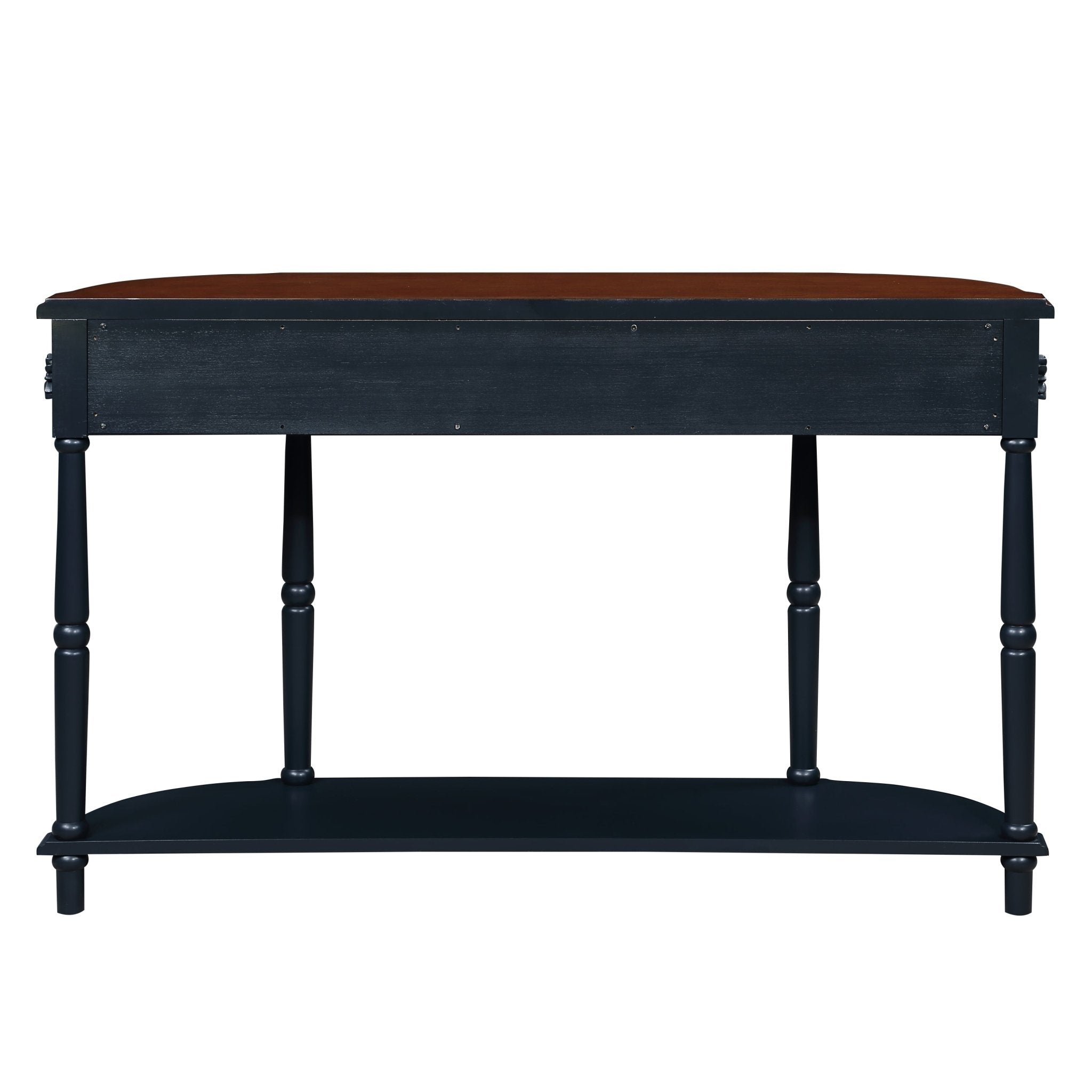 Anthony & Home navy blue solid pine retro curved console table with warm brown-toned top, stylish and vintage-inspired furniture piece.