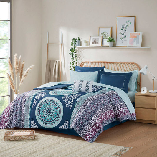 Boho Full Comforter Set With Polyester Sheets Navy Limited Collection Medallion Accent