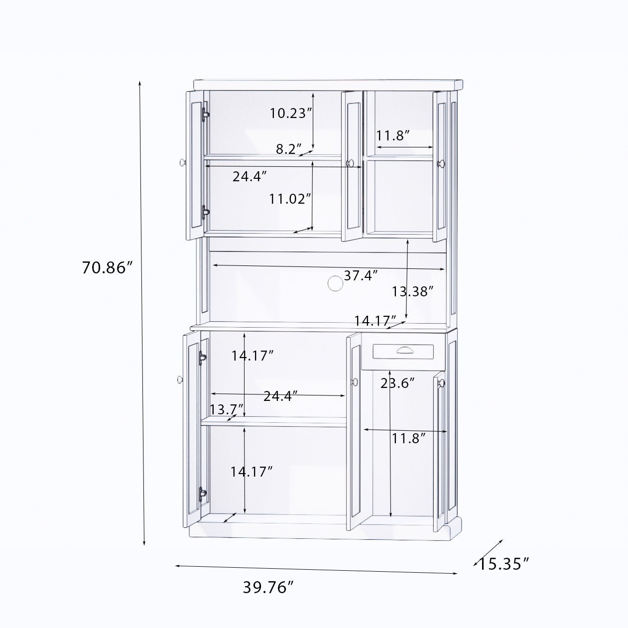White freestanding kitchen pantry hutch from Anthony & Home featuring open shelves and cabinet storage for organized kitchen space.