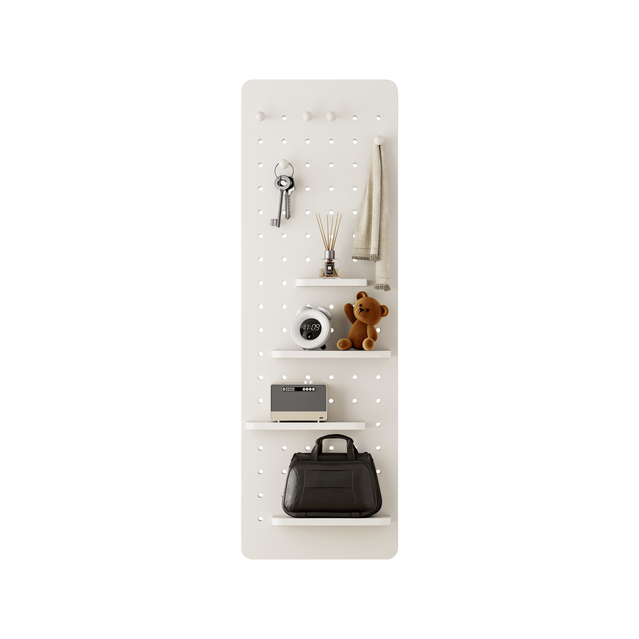 White rubber wood finish wall-mounted full-length mirror with shelf and hook by Anthony & Home, featuring a sleek modern design.