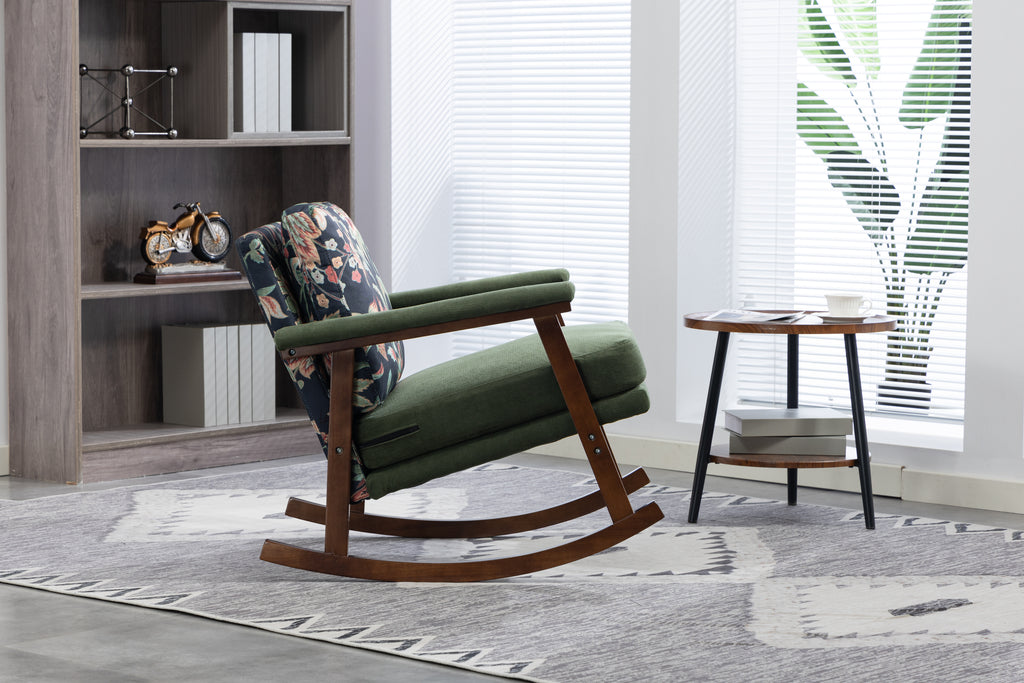 Walnut frame mid-century modern studio rocking chair by Anthony & Home, with cushioned seat and curved armrests.